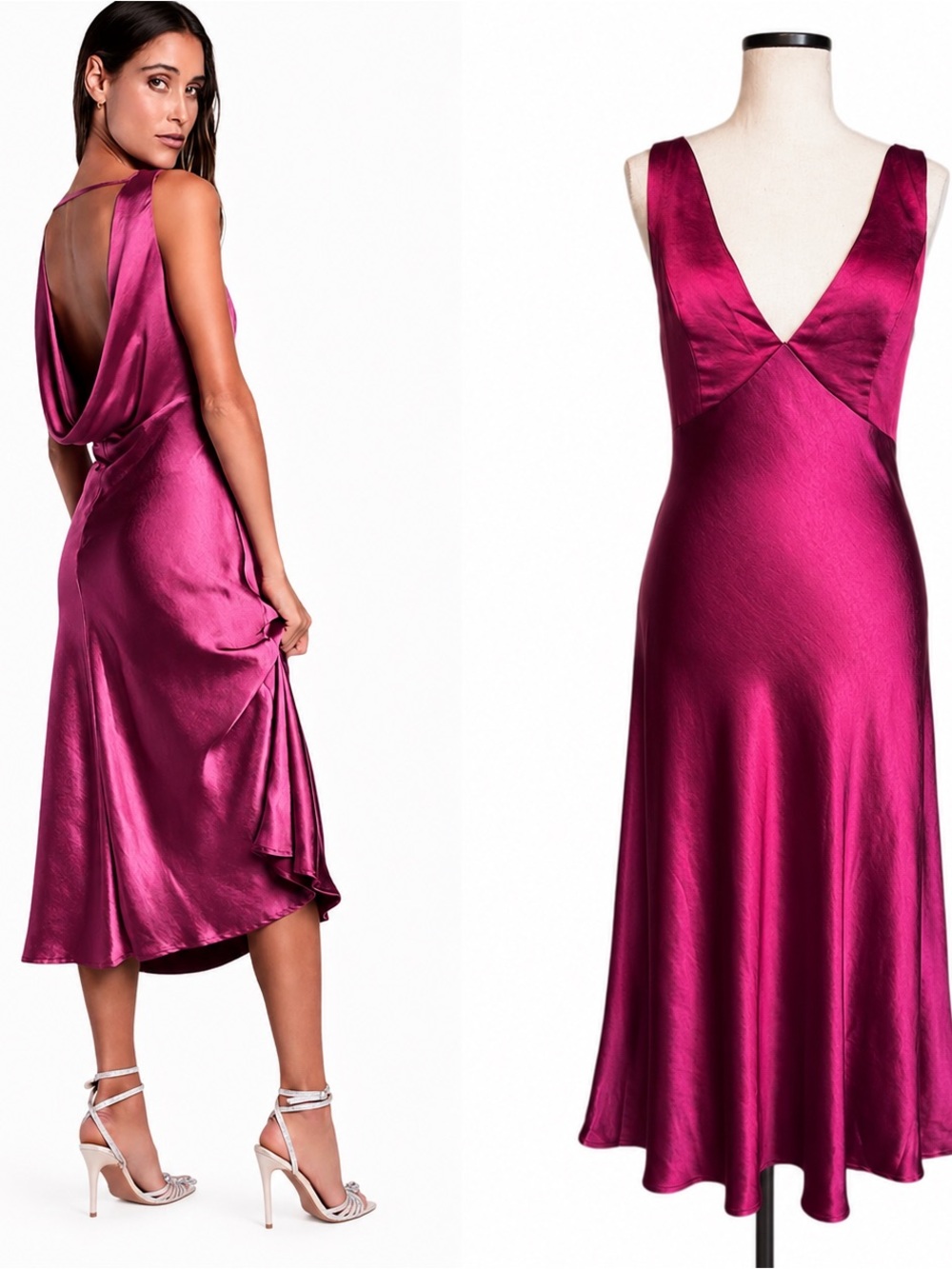Lulus Incredible Love Magenta Satin Cowl Back Midi Slip Dress – XS – NWT